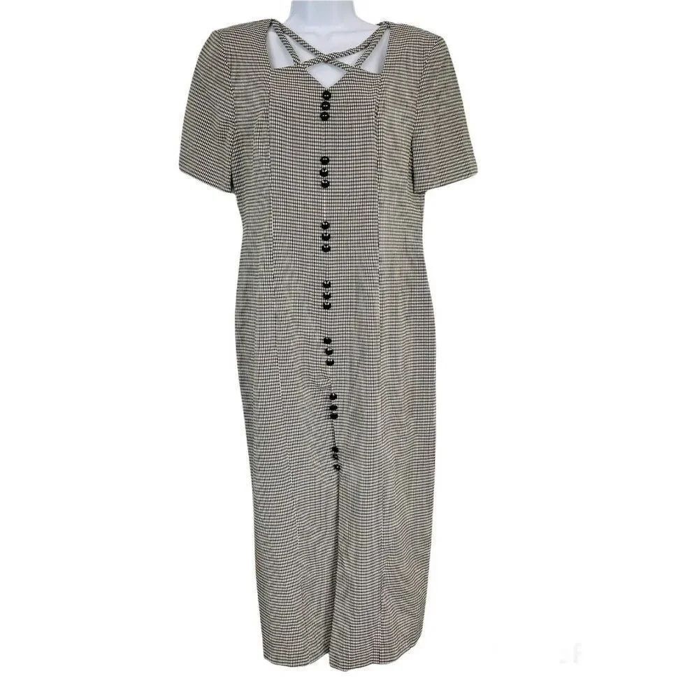 Vintage 90s Midi Dress Womens 10 Black White Check Shoulder Pads Rayon Tie Back